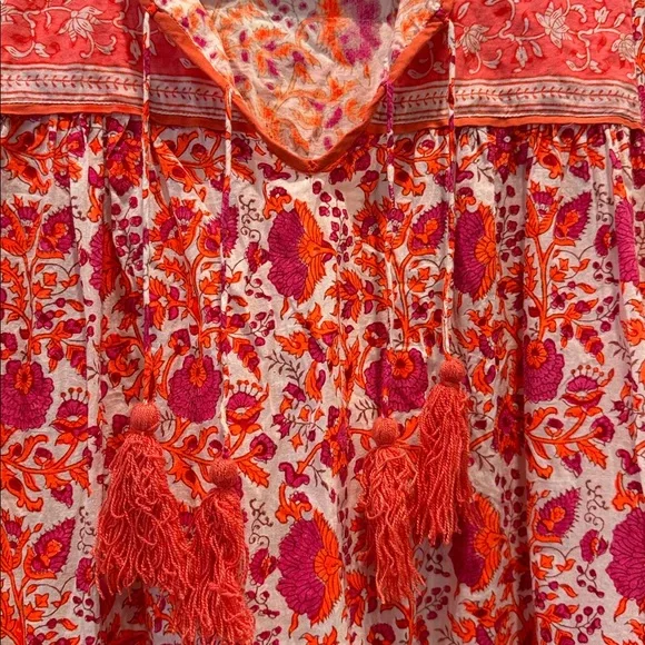 SZ Blockprints 100% Cotton Tunic Dress Tassels Pink Orange Women coverup resort - Picture 6 of 7
